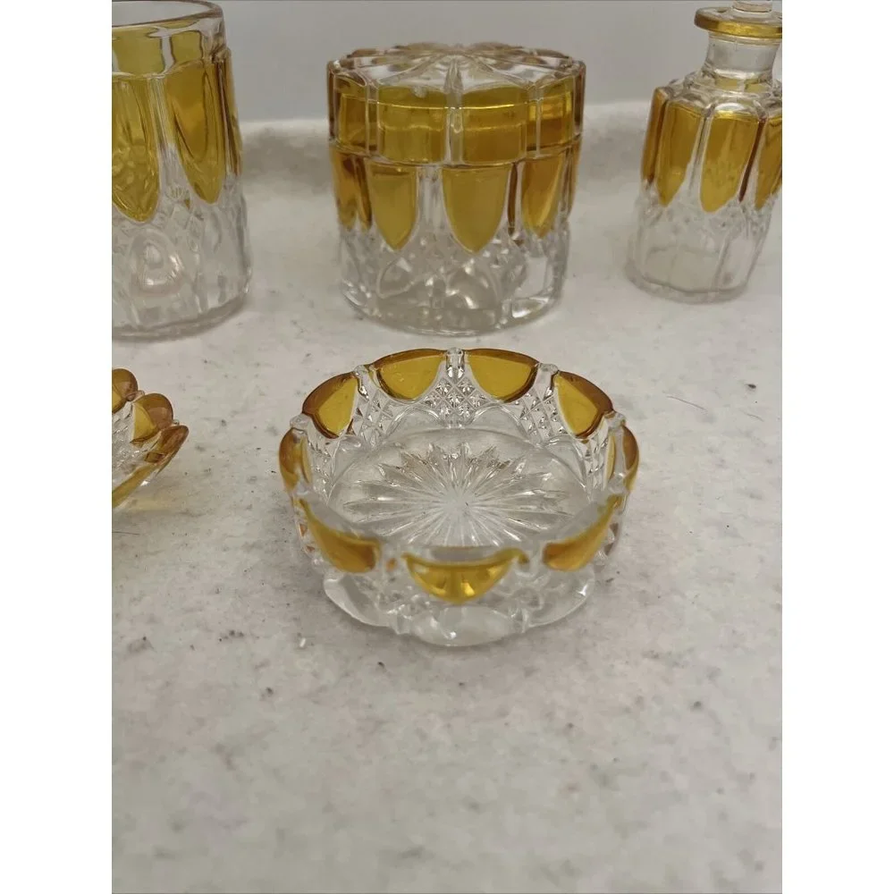 Antique Circa 1908 Val St Lambert Yellow & Clear Glass 8 Piece Vanity Set